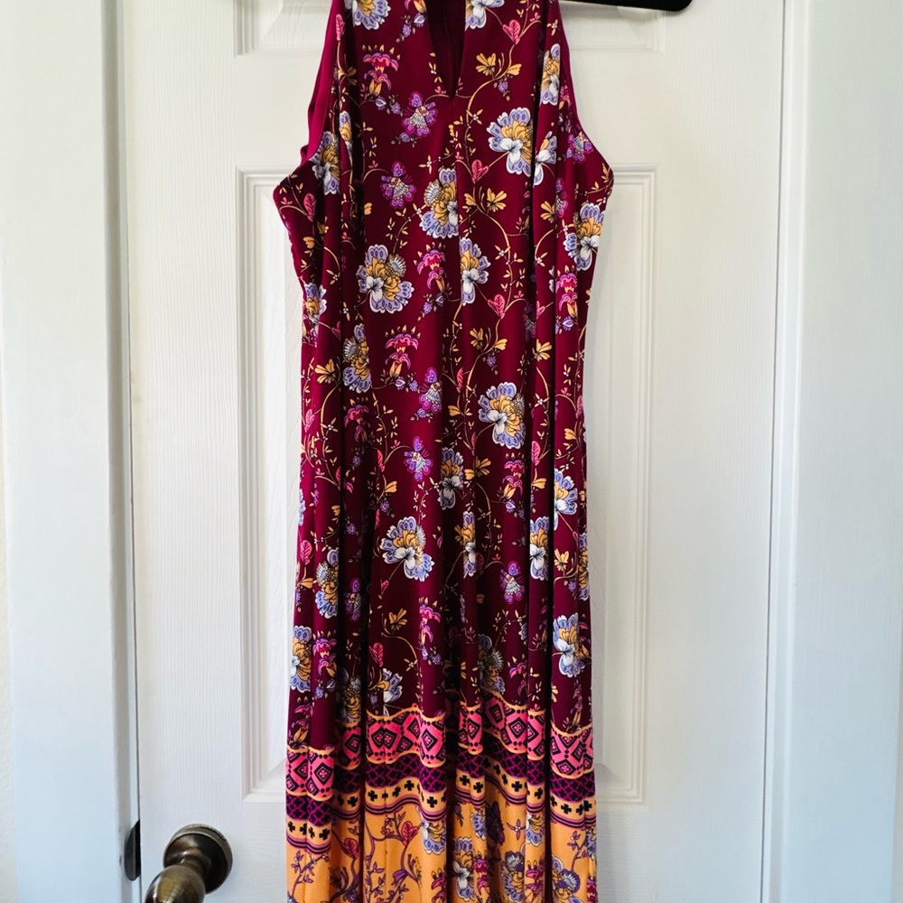 Maggy London Halter Burgundy‎ and Mustard Yellow Midi Dress Size 12